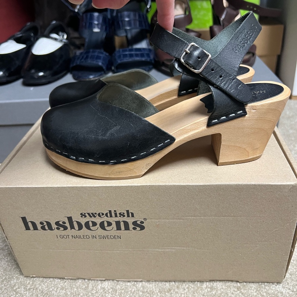 Swedish Hasbeens Black Leather Mules